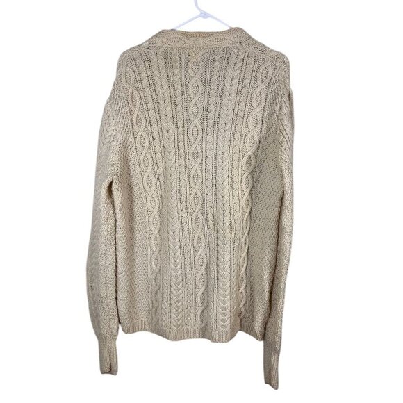 Vintage Cable Knit Sweater L Butter Yellow Leather Button Fisherman Grandpa 80s - Picture 7 of 11
